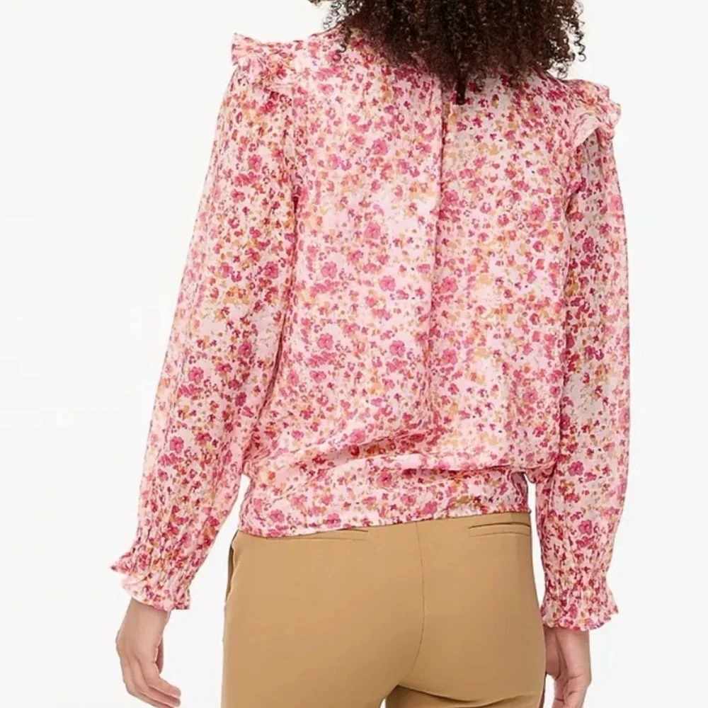 J Crew S Ruffle Collar Top Blouse Pink Ditsy Floral Print Easter Spring Feminine